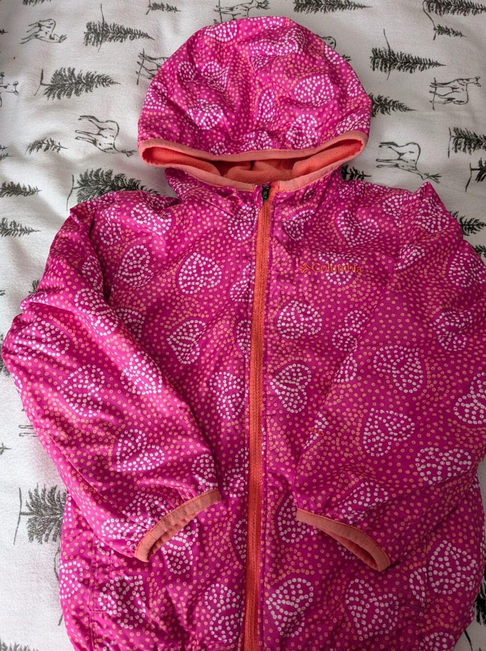 Toddler Pink Heart Puffer Columbia Jacket with Coral Trim